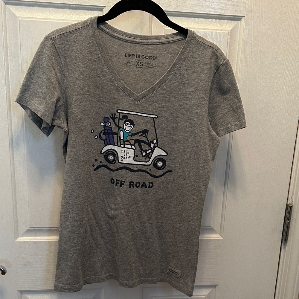 Life Is Good Heather Gray V-Neck Tee with Off Road Golfing Graphic Size XS